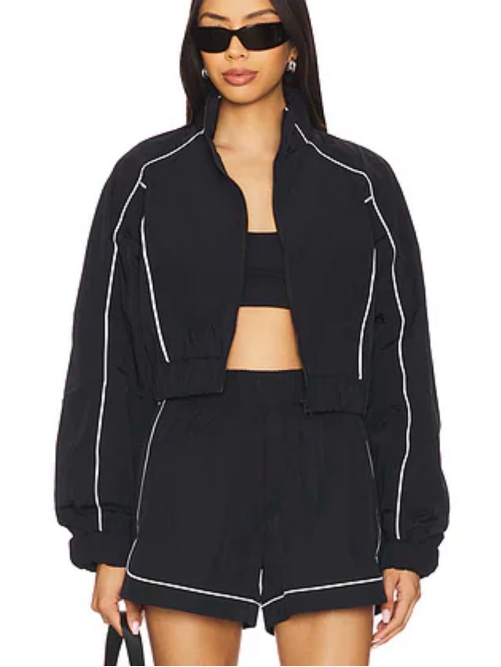 ALO Black Cropped Track Jacket with Contrast Piping